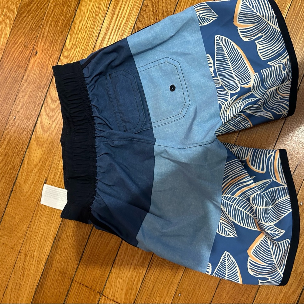 Blue Leaf Pattern Kids Swim Trunks